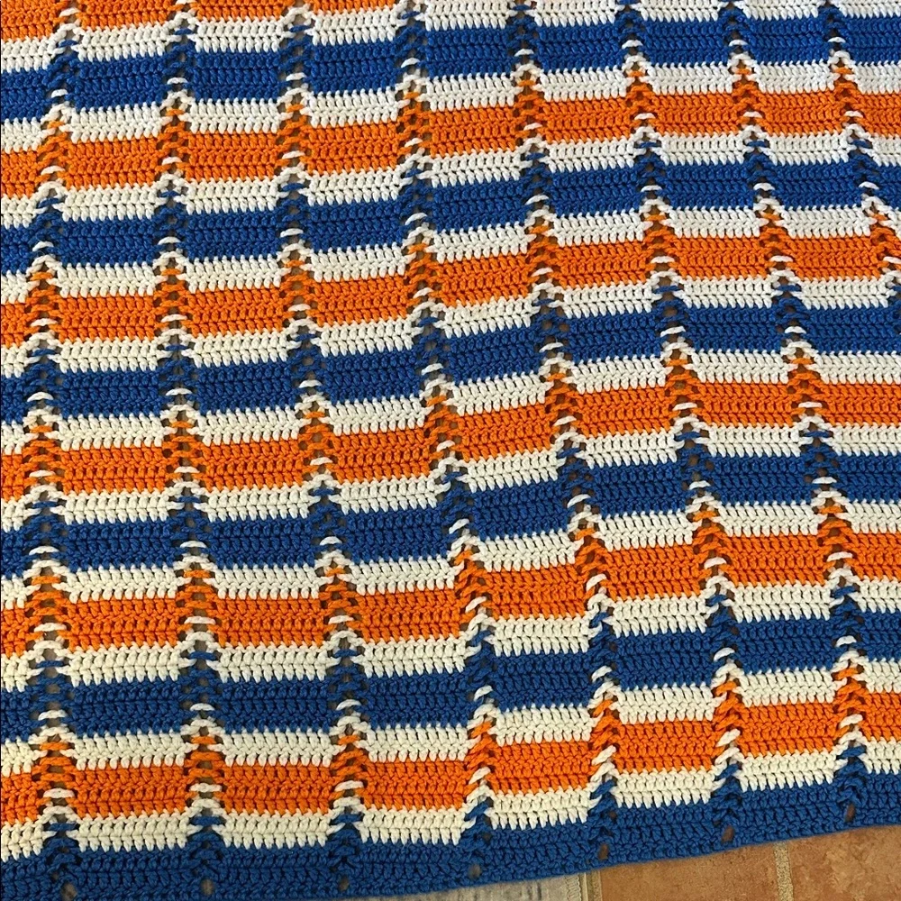 Handmade Crochet University of Floral Orange, White, and Blue stripe Bed Spread